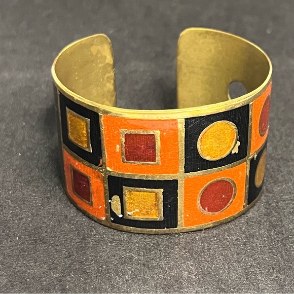 Jewelry - vintage brass cuff bracelet eameled 60s 70 pop design 1.5 inch thick orange red